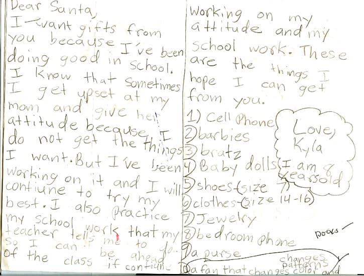 Child's handwritten letter to Santa